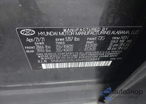 2021 Hyundai Santa Fe Calligraphy from USA, damaged, VIN 5NMS5DAL6MH358848